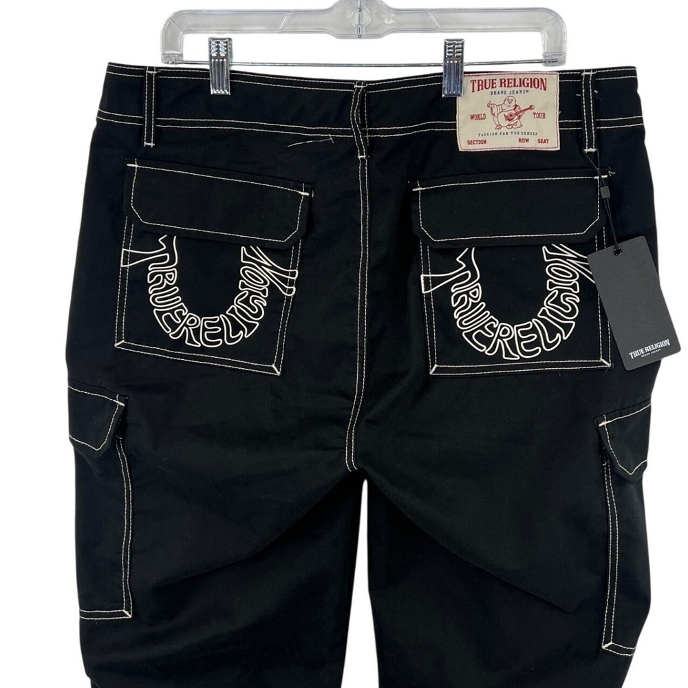 True Religion Cargo Pants Mens 34 Black Contrast Stitch Horseshoe Embroidery NEW